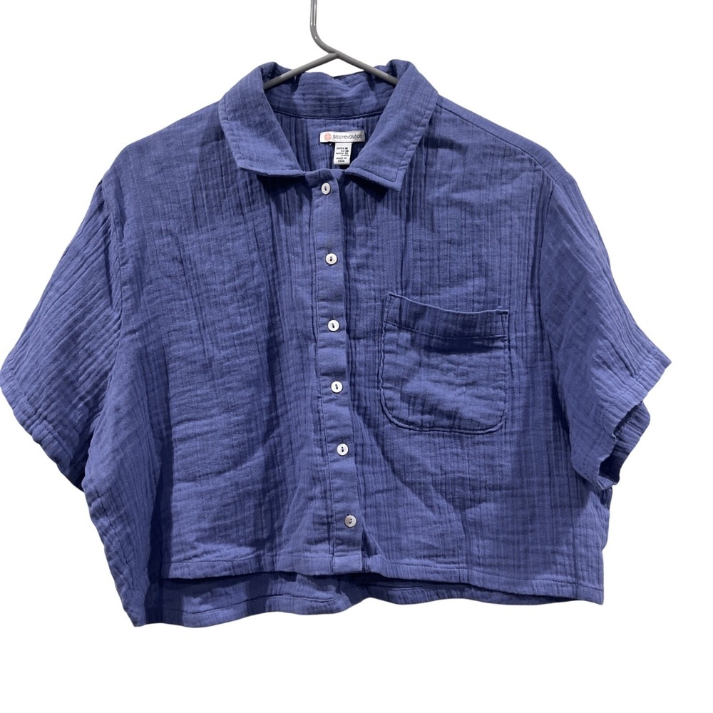 Sisstrevolution Top Womens‎ M Blue Gauze Crop Button Down Crinkle Cotton Beachy